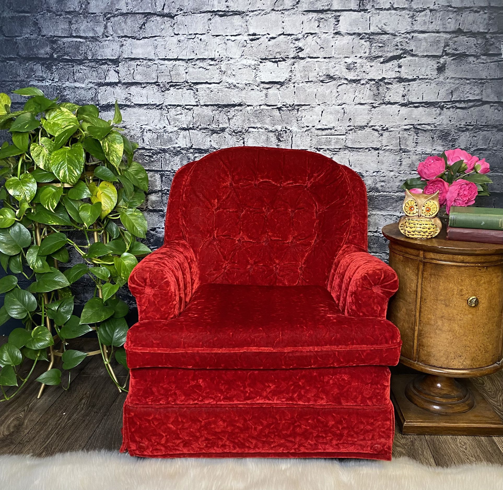 Luxurious Vintage Crushed Red Velvet Cherry Tufted Swivel Rocking Chair Armchair Mid Century