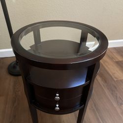 Modern Round Glass-Top End Table with B Drawers – Espresso Finish