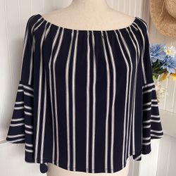 Stunning Navy & White Striped Bell Sleeves Blouse