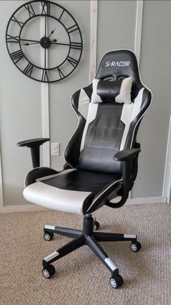 S-Racer Racing Gaming Chair – Black/White, Adjustable Arms & Lumbar Pillow