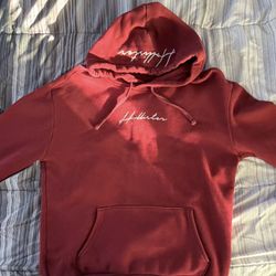 Hollister Red Fleece Pullover Hoodie Logo Pockets Drawstring Men’s Size S