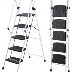  Step Ladder, Folding Step Stool with Wide Anti-Slip Pedal, Sturdy Steel Ladder with Safety Anti Slip Handle, Lightweight, Portable Steel Step Stool