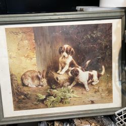 Puppies With Rabbit Framed Print