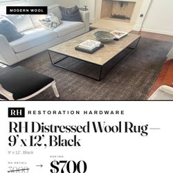 RH Distressed Wool Rug — 9’ x 12’, Black Title: Restoration Hardware RH Modern
