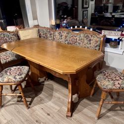 Solid Oak Trestle Table, Corner Seating And 4 Chairs 