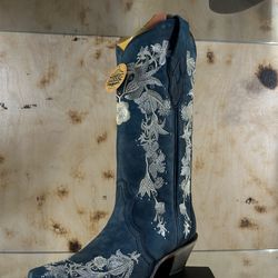 CORRAL -WOMEN'S WHITE FLORAL EMBROIDERY WITH CRYSTALS NAVY BLUE SNIP TOE COWBOY BOOT