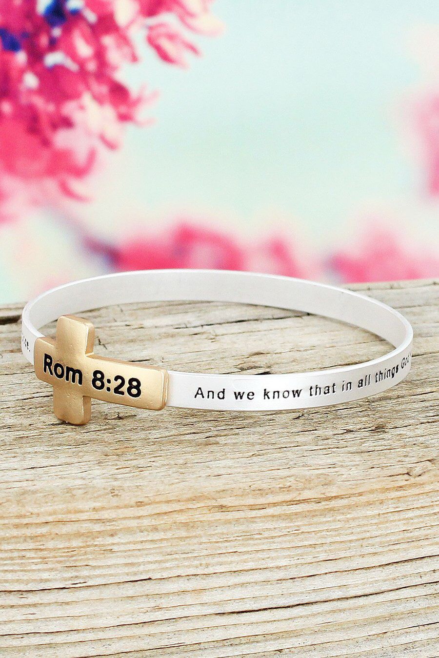 Romans 8:28 Two Tone Cross Bible Verse Bracelet