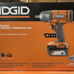 3 Speed 18v RIDGID 1/2” Impact Wrench, Battery, Charger & Case NEW