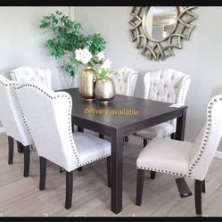 Linen And Black 7 Piece Farmhouse Dining Room Set✅ $39 Down Payment 💥 Brand New👈