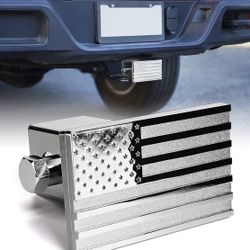 Aluminum 2" Trailer Tow Hitch Cover, Heavy Duty U.S. Flag Metal Emblem Guard, Trailer Hitch Accessories for Pickup Trucks, Cars, SUVs - Silver