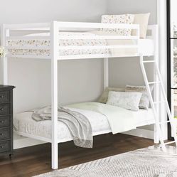 Metal Bunk Bed Twin Over Twin Size for Junior & Adults with Angled Ladder & Heavy Duty Safety Guardrail, Space-Saving/Noise Free, White