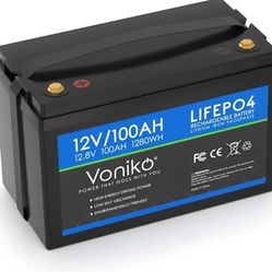 Voniko 12V 100Ah LiFePO4 Lithium Battery, 2000+ Cycles, Rechargeable,