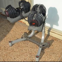 Bow flex Adjustable Dumbbells 22.5/52.5 L B S With Stand Shirt 