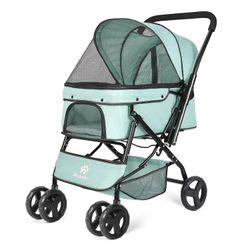 Pet Stroller for Medium Dogs Cats, with Dog Poop Bags, Reversible Handlebar, Tethers, Storage Basket