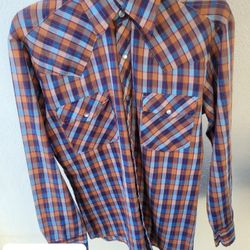 Rusty orange and blue blouse. Collar button up top. Checkered Long Sleeve. Blusa 