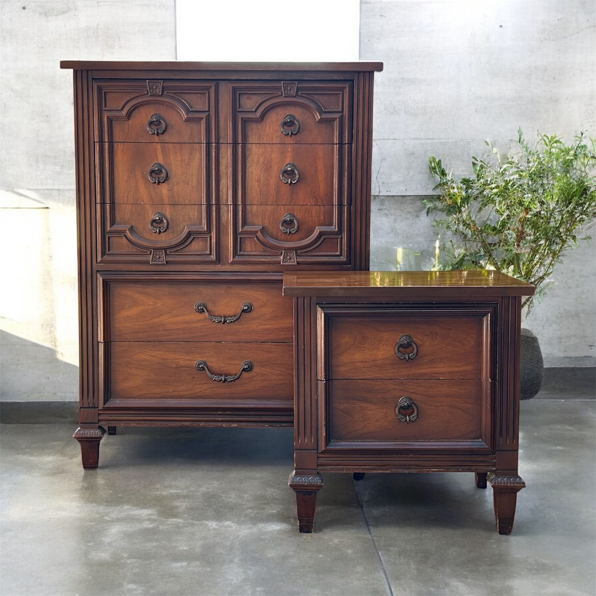 ✨ Vintage Designer Highboy Chest + Matching Nightstand – Rich Walnut Finish ✨