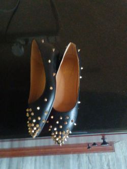 Black Leather Pointed-Toe Flats with Gold Studs