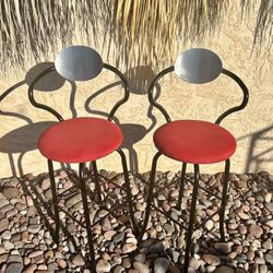 ( set of 2 ) Postmodern Art Deco Amisco Black Steel Frame with Round Red Cushion Bar Stools