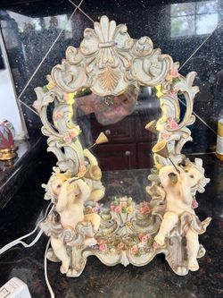 Vintage porcelain mirror lamp with cherubs