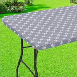Rectangle Vinyl Table Cloth, Elastic Fitted Tablecloth with Flannel Backing, Waterproof Plastic Table Cover Fits 6 Foot Folding Tables for Picnic, Cam