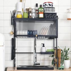 Over The Sink Dish Drying Rack 2 Tier Stainless Steel Large Kitchen Dish Drainer Home Storage Organizer Shelf with 7Hooks Brand New still in the box (