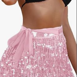 Pink Women's Sequin Tassel Belly Dance Skirt Wrap Rave Sparkly Fringe Skirts Boho Tassel Hip Scarf Rave Costume
