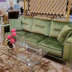 New Green Velvet Sofa Mid-Century Modern with 2 Pillows