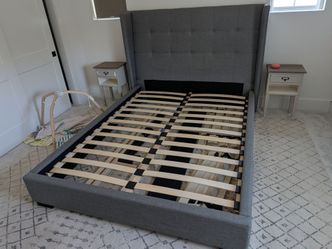 Free grey upholstered Queen bed frame with memory foam mattress