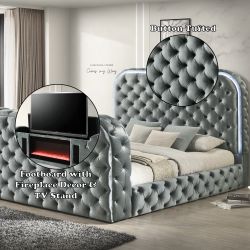 Grey velvet button tufted led light headboard fireplace on the headboard with tv stand brand new in box firm price Queen $999 King $1,060