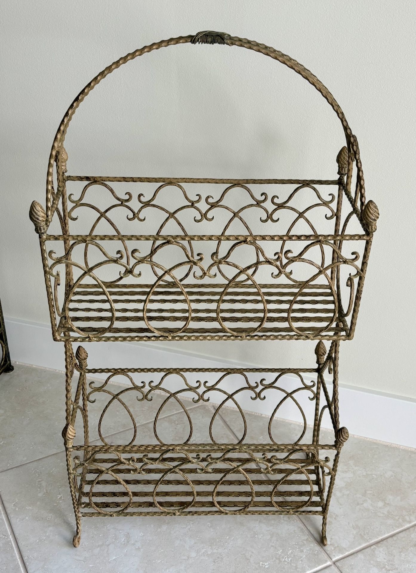Vintage Gold Wrought Iron 2-Tier Storage Stand for Plants Magazines