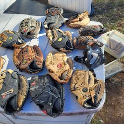 Assortment Of Baseball , Softball Gloves Couple Of Catchers Mitts Catchers Face Mask