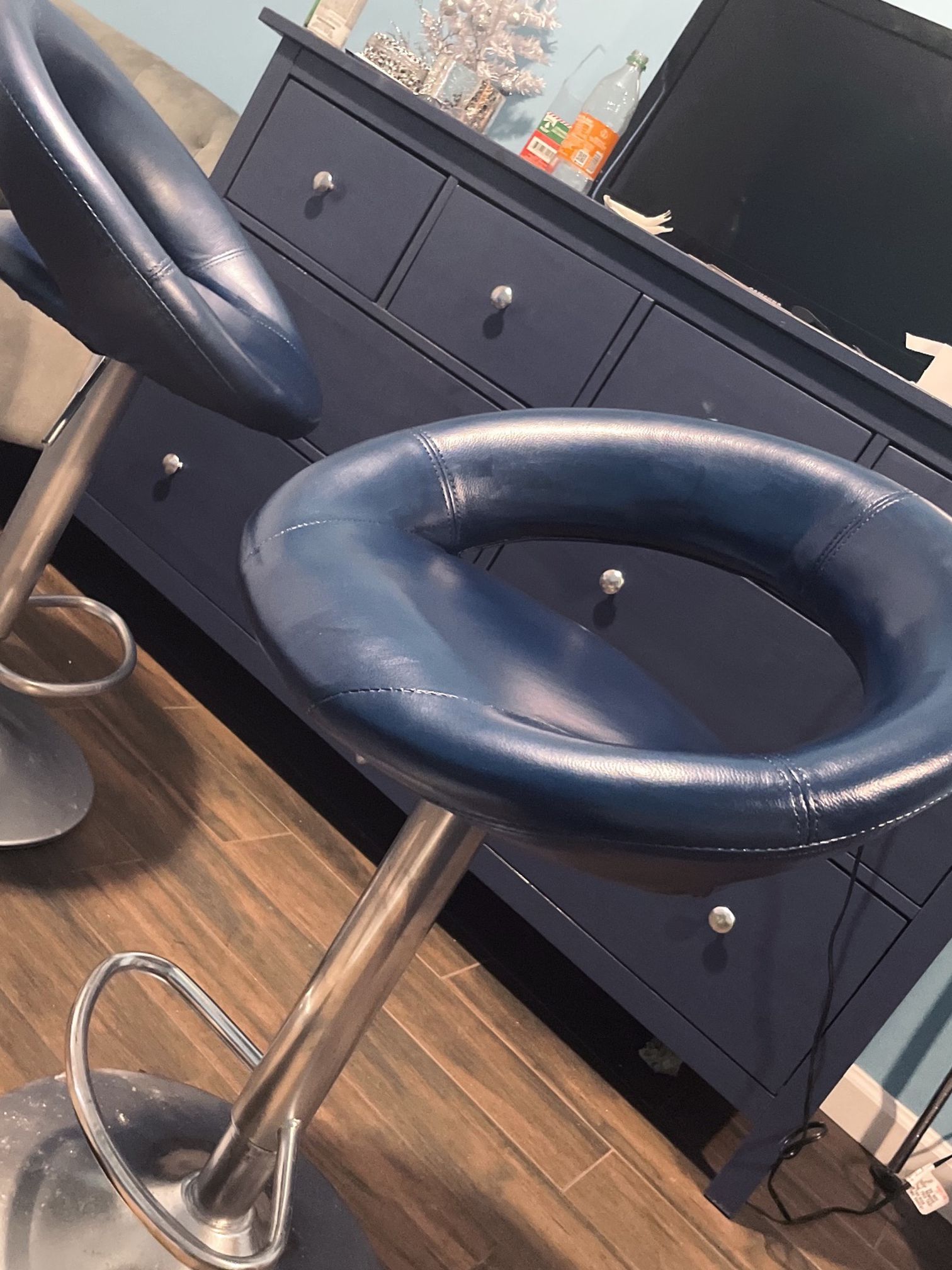 Blue And Silver Leather Bar Stools