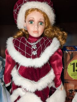 Porcelain Doll With Eyelashes And Fluffy Red Sparkly Dress