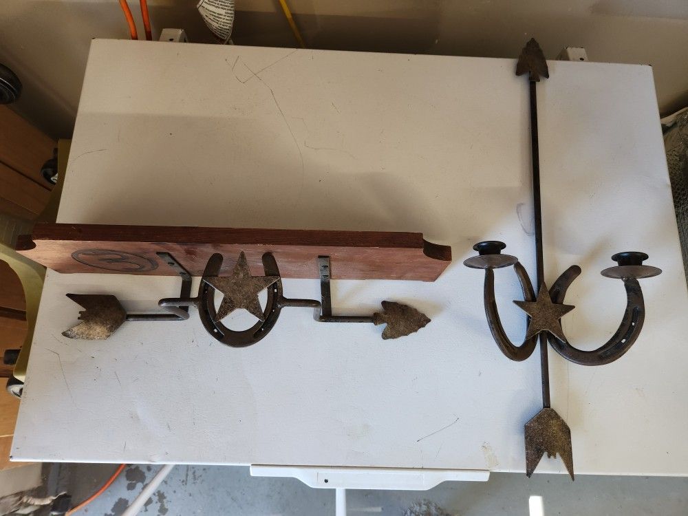 🤠Set of 2 Wood/Iron WESTERN STYLE Wall Shelf and Wall Candle Holder