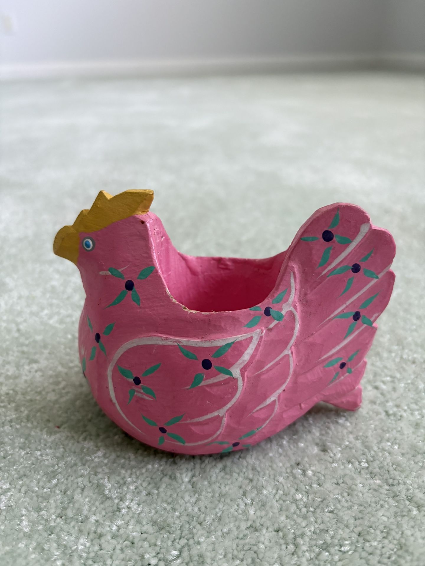 Vintage Wooden Hand, Painted Pink Chicken, Folk Art, Egg, Or Candle Holder