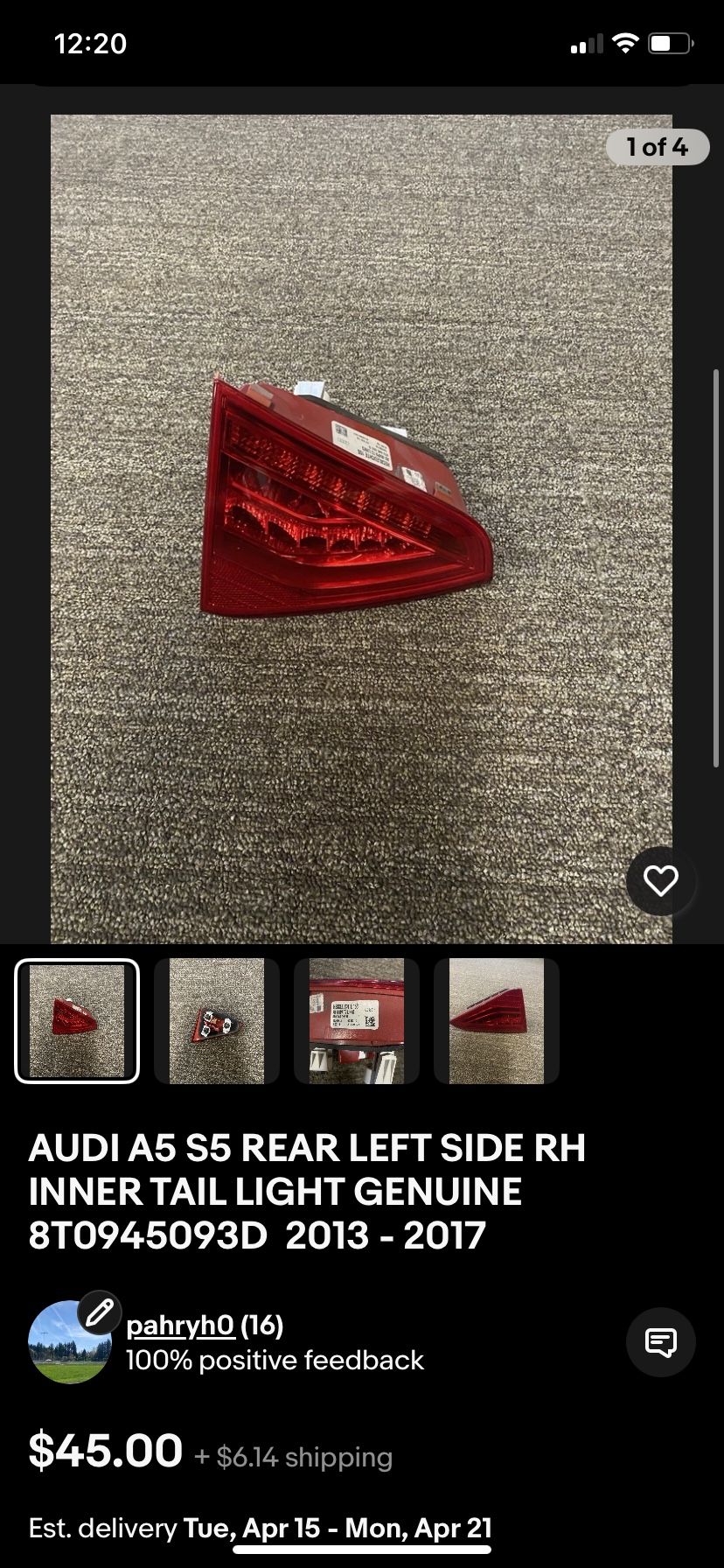 Audi A5 S5 Left Side Rh Inner Tail Light