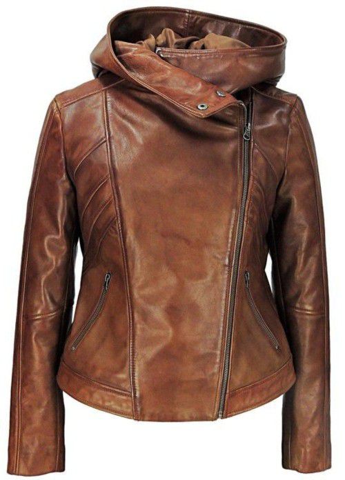 Women Hooded Leather Jacket Brown 