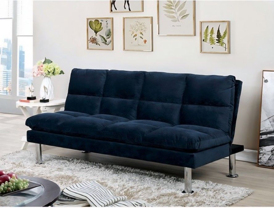 Futon Sofa Bed Navy Microfiber, Metal Legs Chrome Finish. New Especial Price