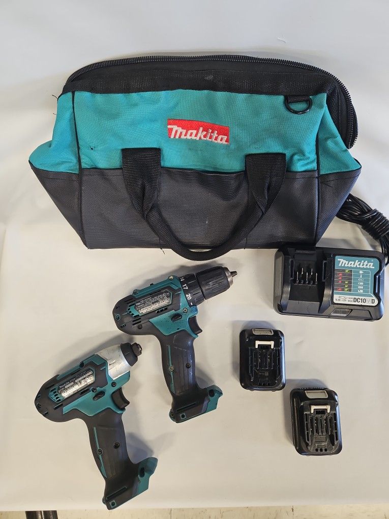 Makita 12V 3/8 Drill FD09, 1/4 Hex Impact DT03, Batteries