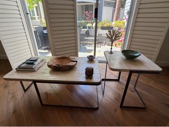 Travertine coffee and side table set with metal base