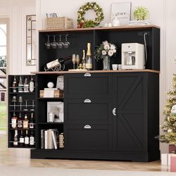 47.2" W Farmhouse Coffee Bar Cabinet with Storage and Power Outlet, Sideboard Buffet Cabinet with Coffee Station, Bar Cabinet with Wine Rack|Barn Door