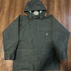 Carhartt Rain Jacket Mens S Reg Green Surrey Hooded Waterproof PVC Work Coat