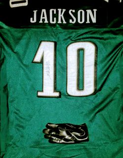 Game Worn Signed WR Glove Desean Jackson & Official Signed Eagles Jersey Desean Jackson