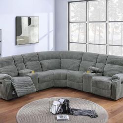 Brand New Dark Grey Corduroy Reclining Sectional Sofa 