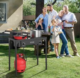 2 Burner Outdoor Propane Gas Stove with Adjustable Regulator, 150,000 BTU High Pressure Stand Cooker for Backyard Cooking Camping Home Brewing Canning