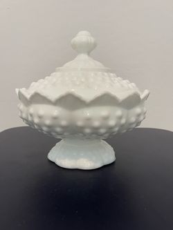 Fenton Milk Glass Hobnail Covered Candy Dish