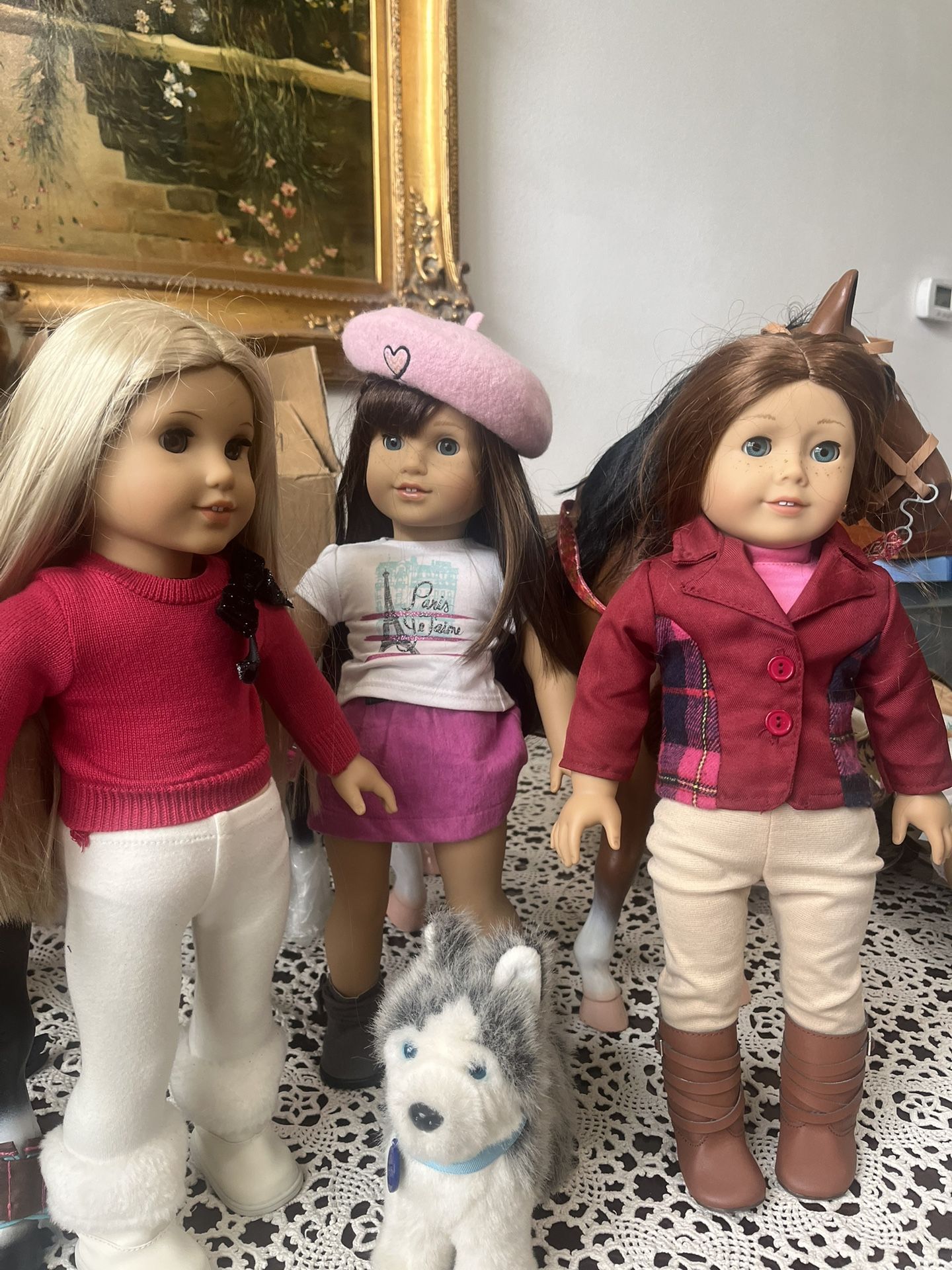 American Girl Dolls (Jade, Grace, Sage, and their dog Pepper)