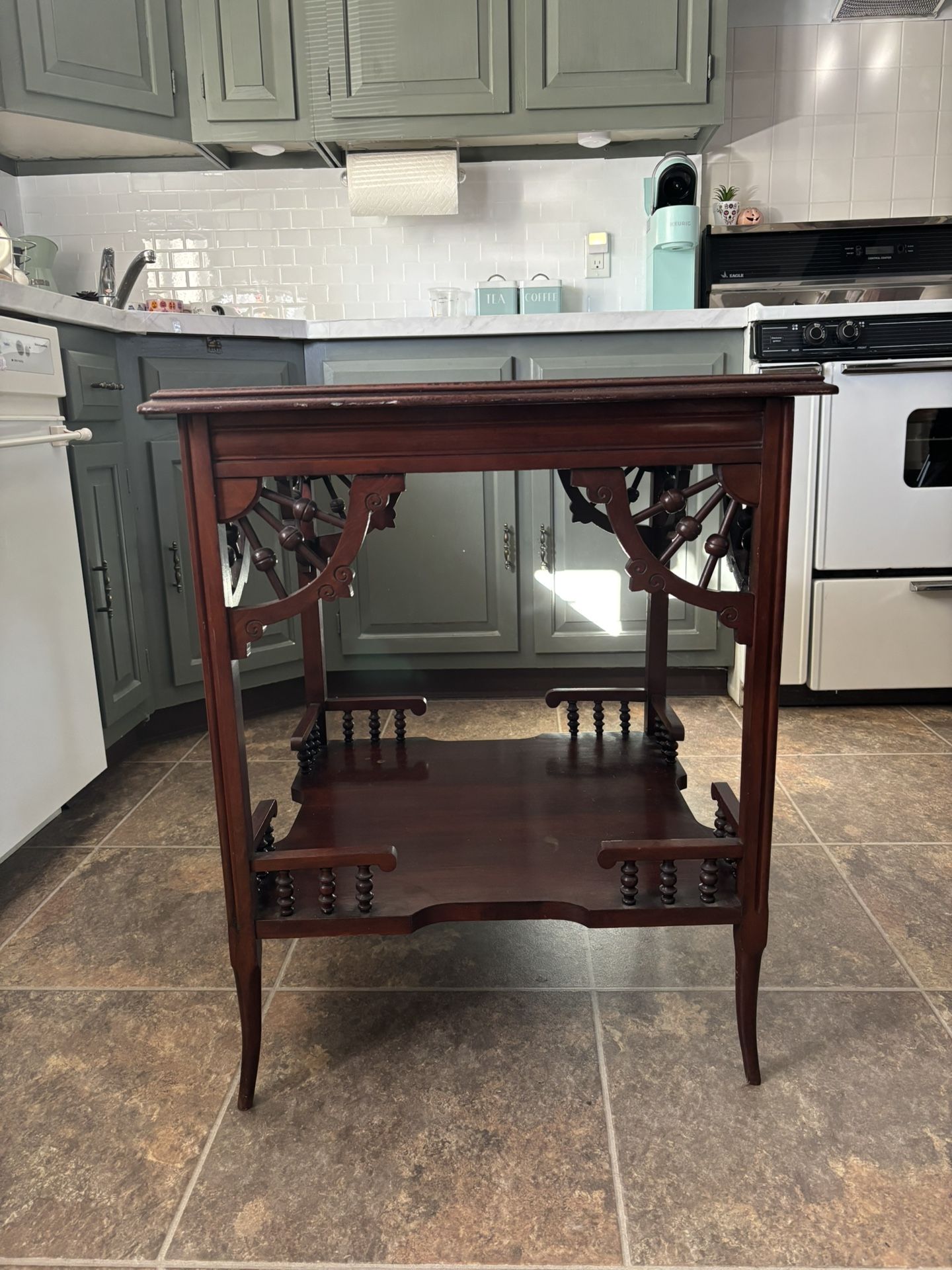 Vintage Dark Wood Square End Table With Lower Shelf And Intricate Accents
