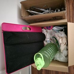 Men's clothes, laptop rest, 1 gallon water jug, hangers