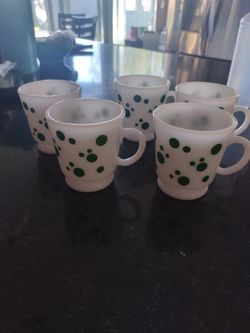 Hazel Atlas Green Polka Dot Milk Glass Coffee Cups